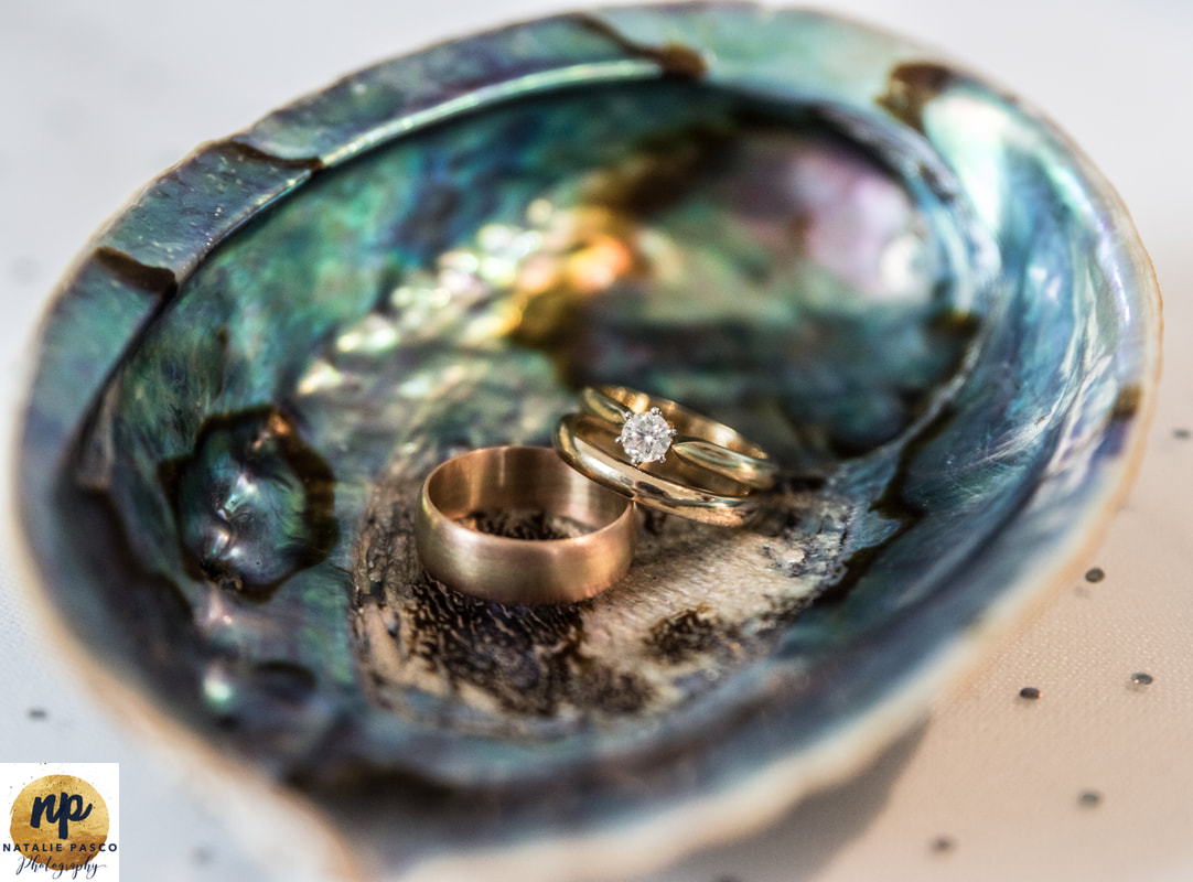 Paua shell with wedding rings